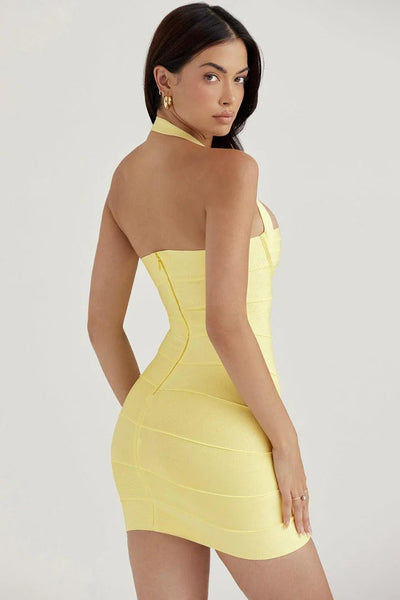 Lemon Dazzle Halter Bodycon Mini Dress