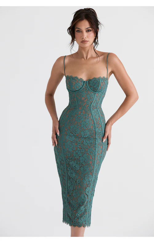 Emerald Lace Corset Midi Dress