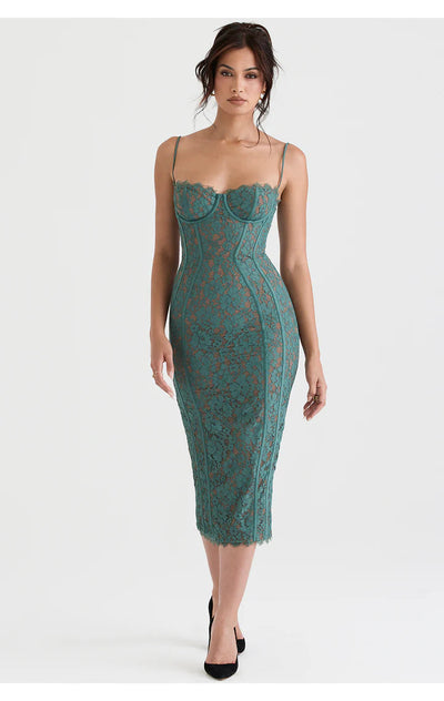 Emerald Lace Corset Midi Dress