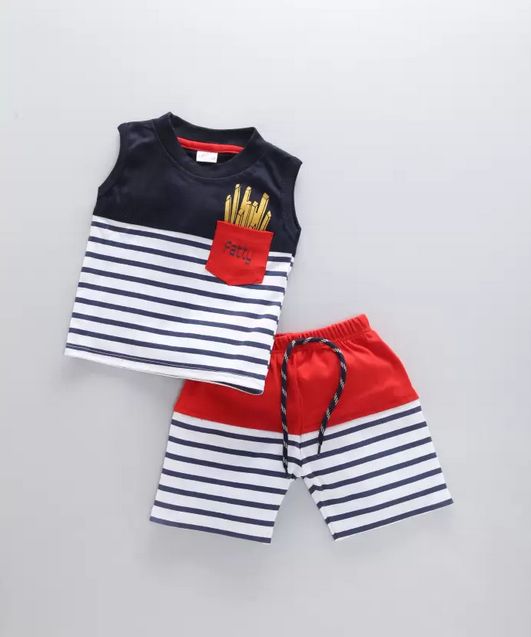 Boys' Nautical-Inspired Summer Set – Striped Sleeveless Top & Shorts with Fun Fries Print