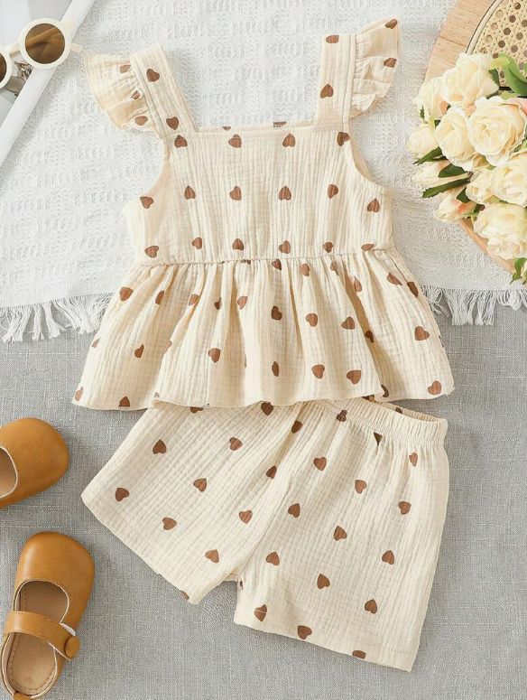 Girls' Ruffle Strap Two-Piece Set – Cream with Brown Heart Print
