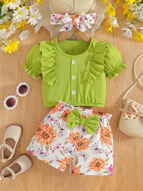 Floral Summer Set with Green Ruffle Top & Printed Bow Shorts for Girls