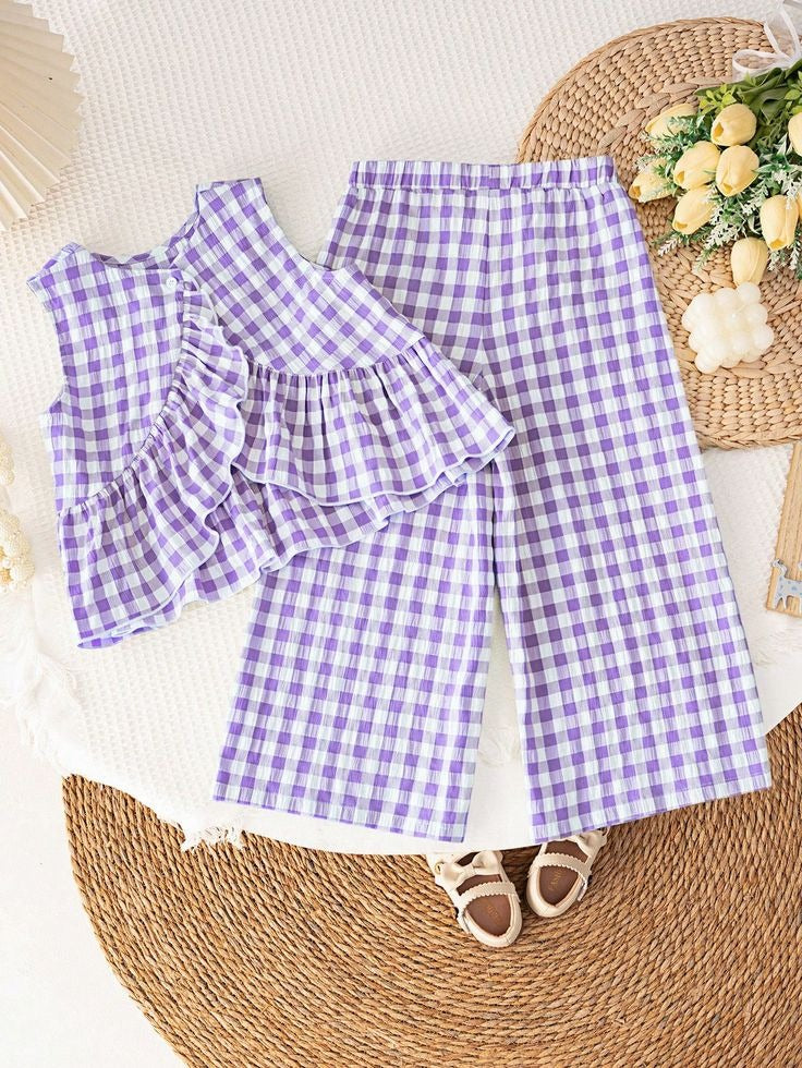 Chic Lavender Gingham Ruffle Top & Wide-Leg Pants Set for Girls