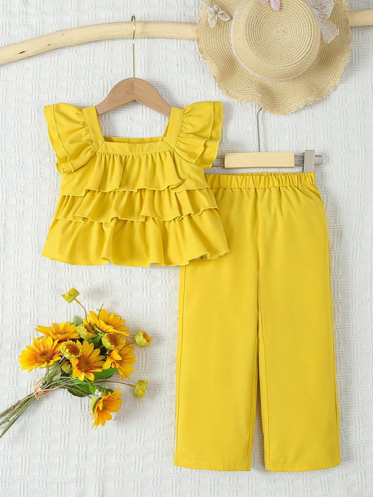 Bright Yellow Ruffle Top & Pants Set for Girls
