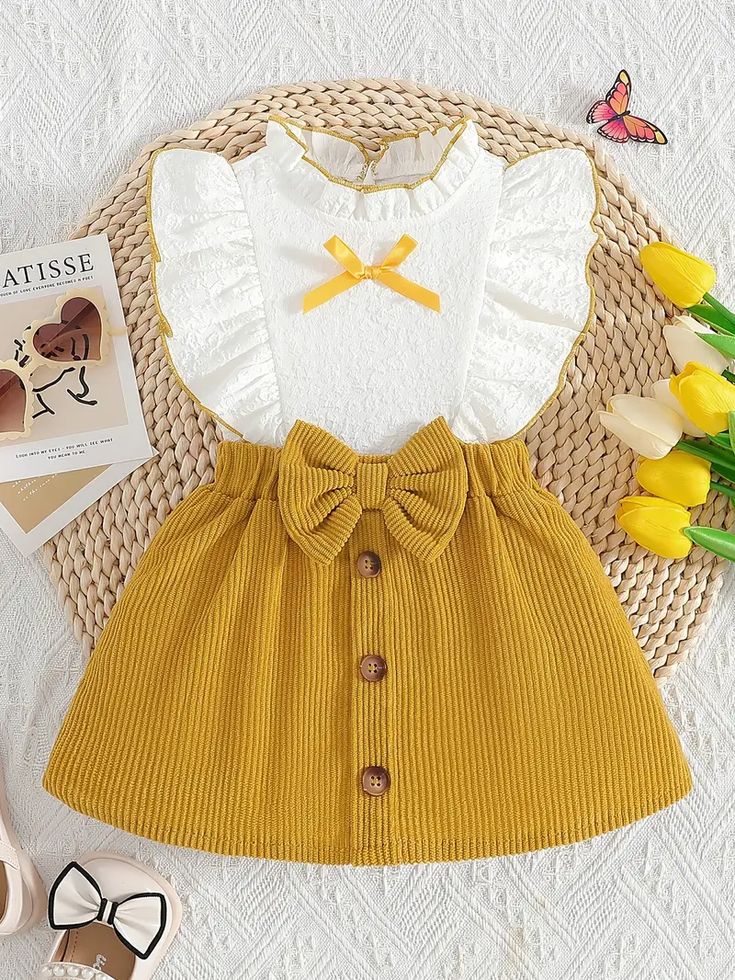Adorable Baby Girl Mustard & White Dress with Bow Detail