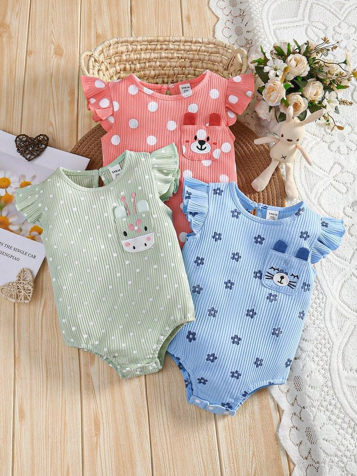 Adorable Animal Print Flutter-Sleeve Baby Rompers