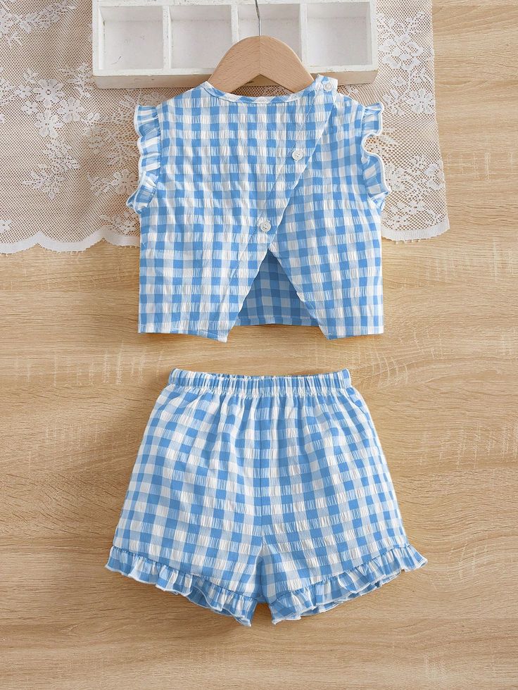 Blue Gingham Ruffle-Trim Baby Girl Top & Shorts Set