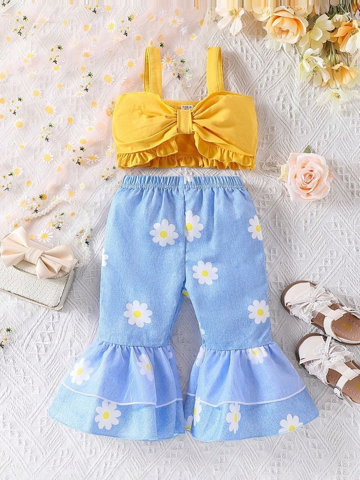 Sunshine Yellow Bow Top & Daisy Flared Pants Set for Girls