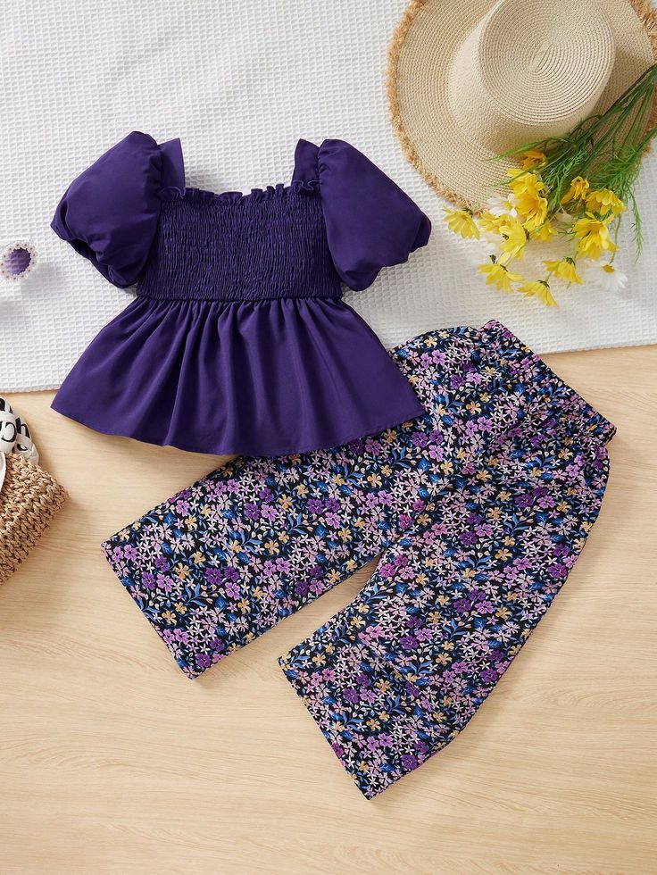 Stylish Purple Puff-Sleeve Top & Floral Pants Set for Girls