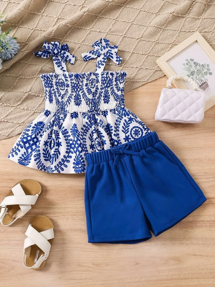 Blue & White Floral Smocked Top with Matching Blue Shorts – Summer Set for Girls