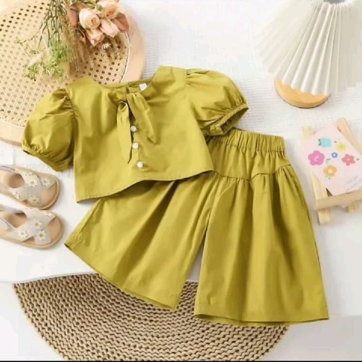 Olive Green Puff-Sleeve Top & Wide-Leg Shorts Set – Trendy Summer Outfit for Girls