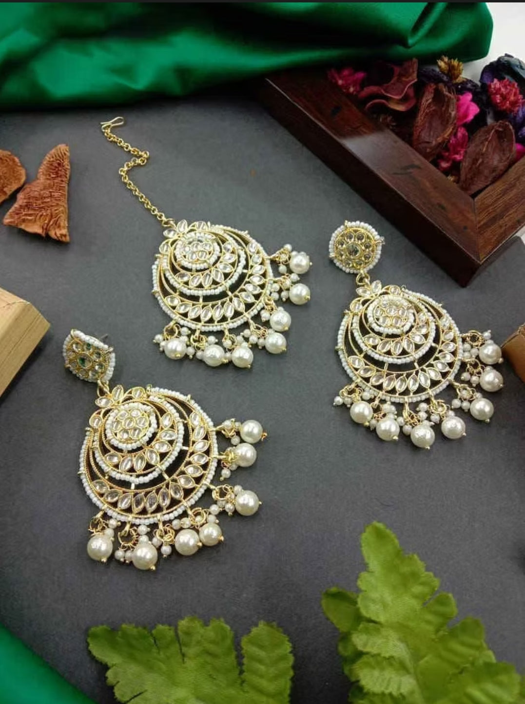 Pearl Drop Kundan Chandbali Maang Tikka Set