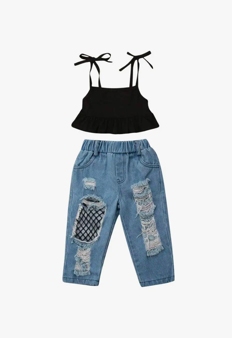 Trendy Kids' Ripped Jeans & Black Ruffle Crop Top Set