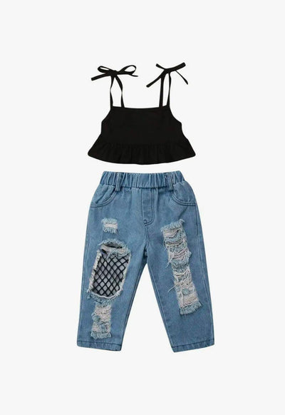 Trendy Kids' Ripped Jeans & Black Ruffle Crop Top Set