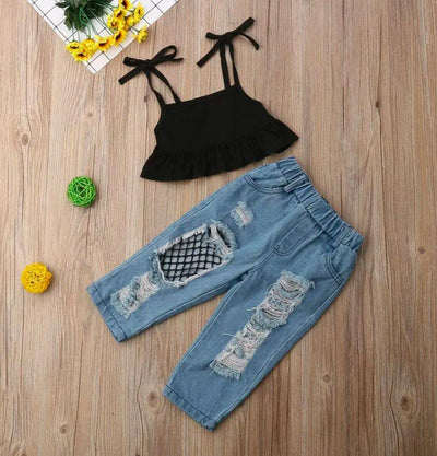 Trendy Kids' Ripped Jeans & Black Ruffle Crop Top Set
