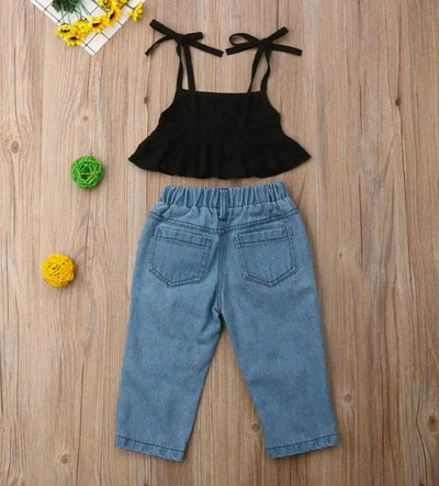 Trendy Kids' Ripped Jeans & Black Ruffle Crop Top Set