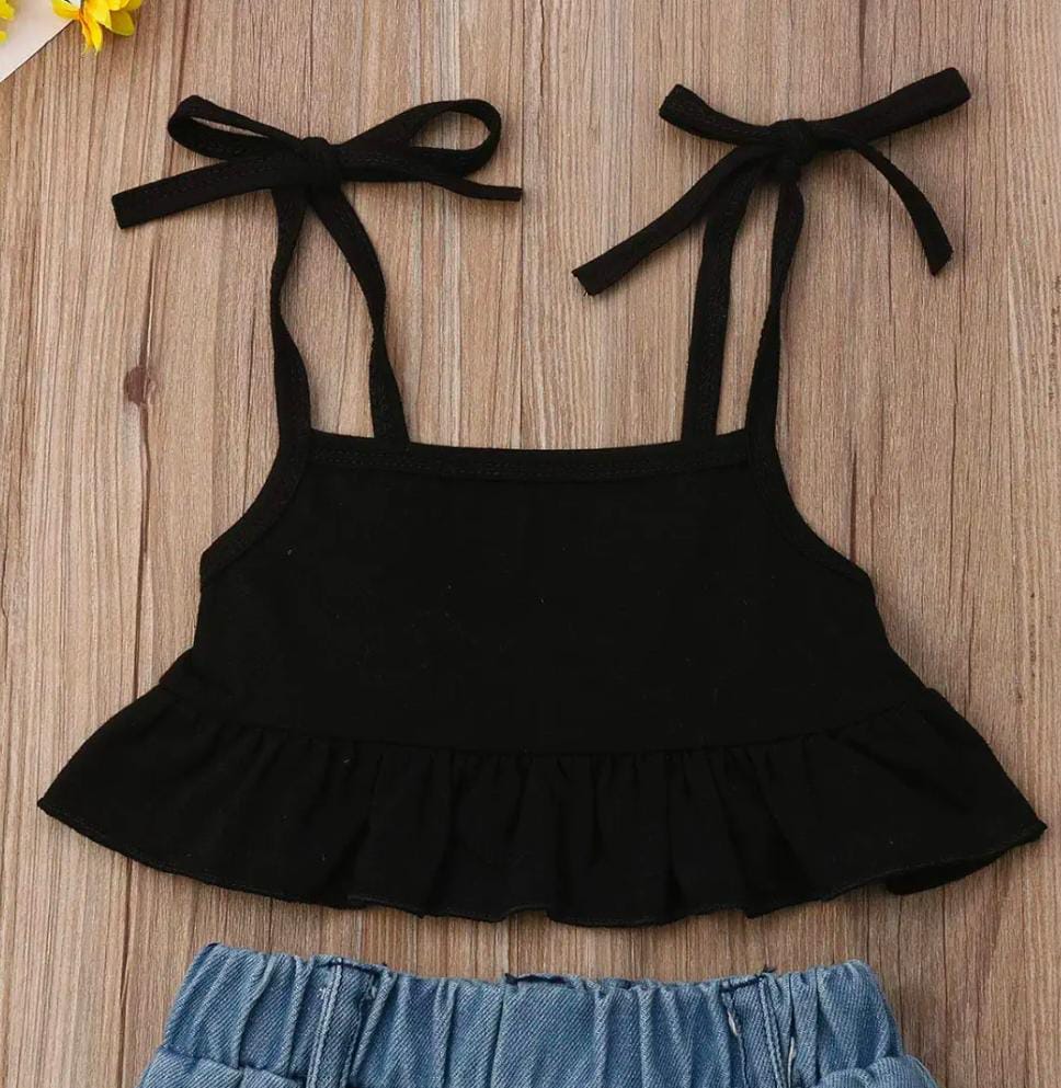 Trendy Kids' Ripped Jeans & Black Ruffle Crop Top Set