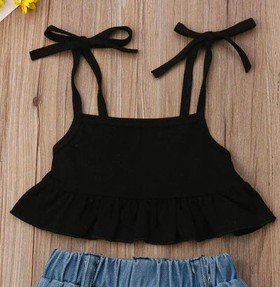 Trendy Kids' Ripped Jeans & Black Ruffle Crop Top Set