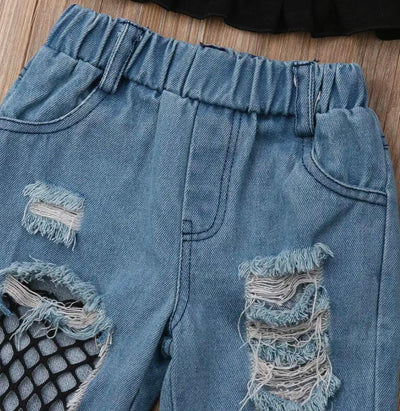 Trendy Kids' Ripped Jeans & Black Ruffle Crop Top Set