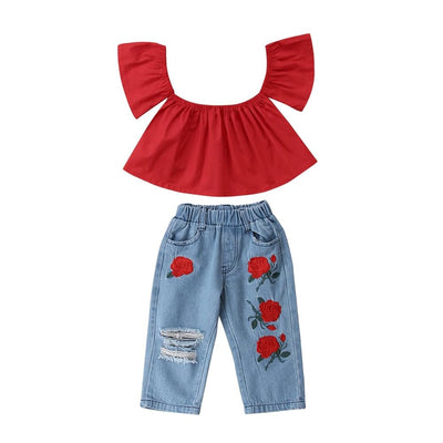 Girls' Off-Shoulder Red Top & Rose Embroidered Jeans Set