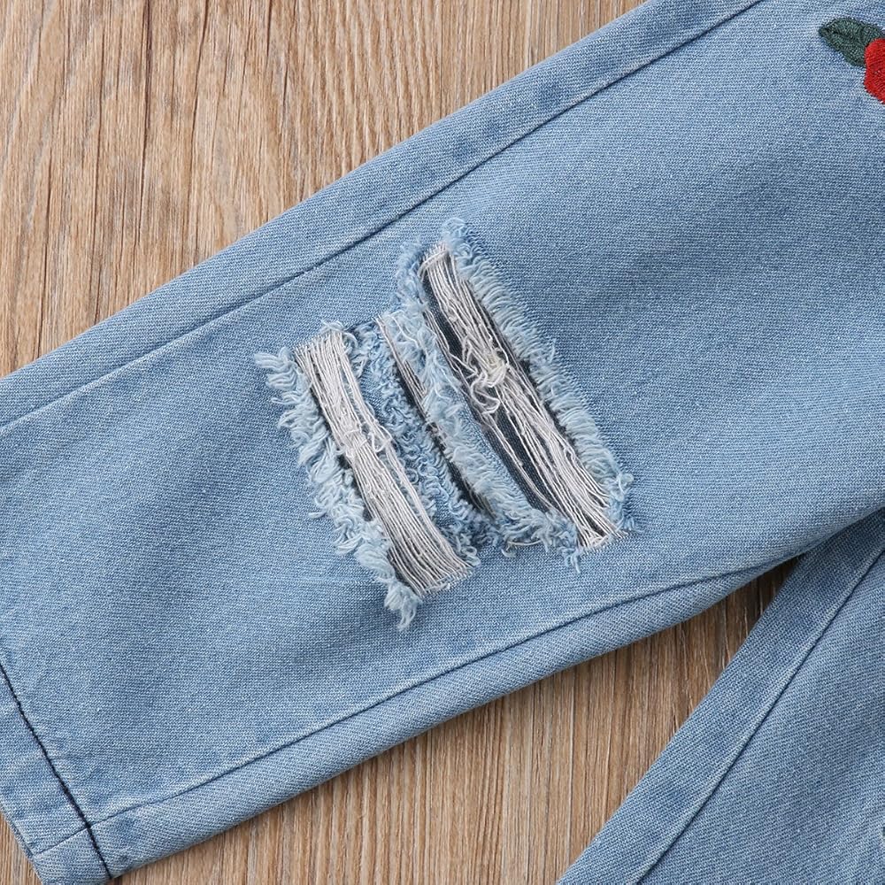 Girls' Off-Shoulder Red Top & Rose Embroidered Jeans Set