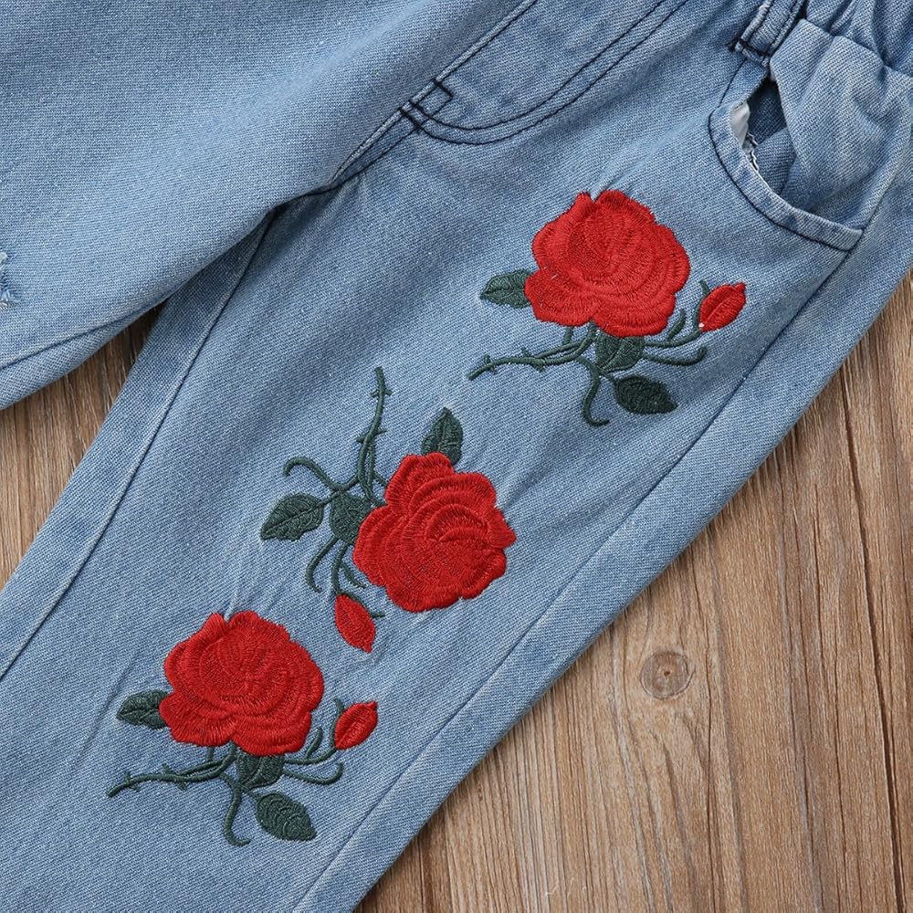 Girls' Off-Shoulder Red Top & Rose Embroidered Jeans Set