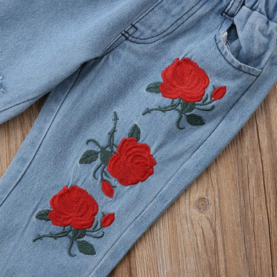 Girls' Off-Shoulder Red Top & Rose Embroidered Jeans Set