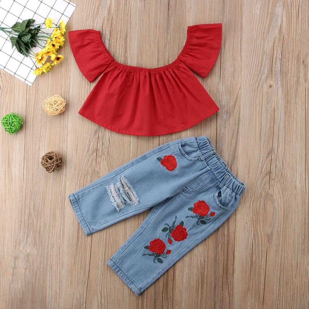 Girls' Off-Shoulder Red Top & Rose Embroidered Jeans Set