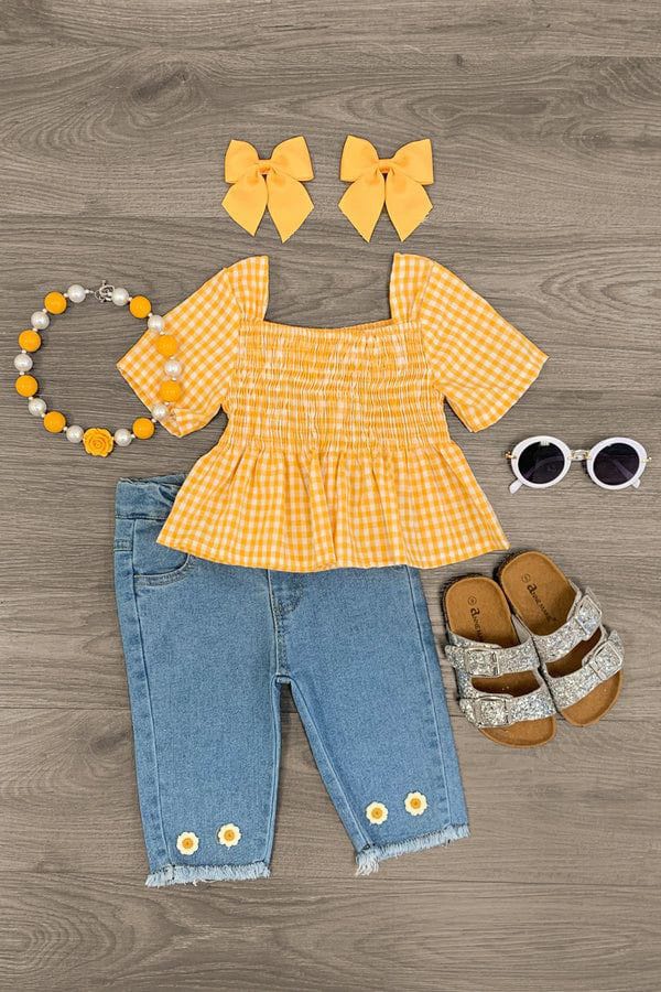 Girls' Yellow Gingham Top & Daisy Embellished Denim Set