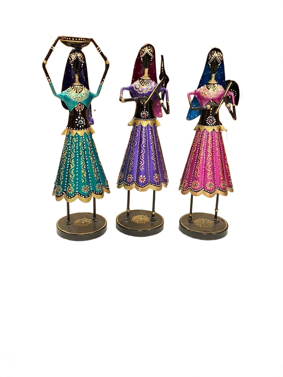 Tribal Rajasthani Women Figurines – Set of 3 Handcrafted Metal Art Statues