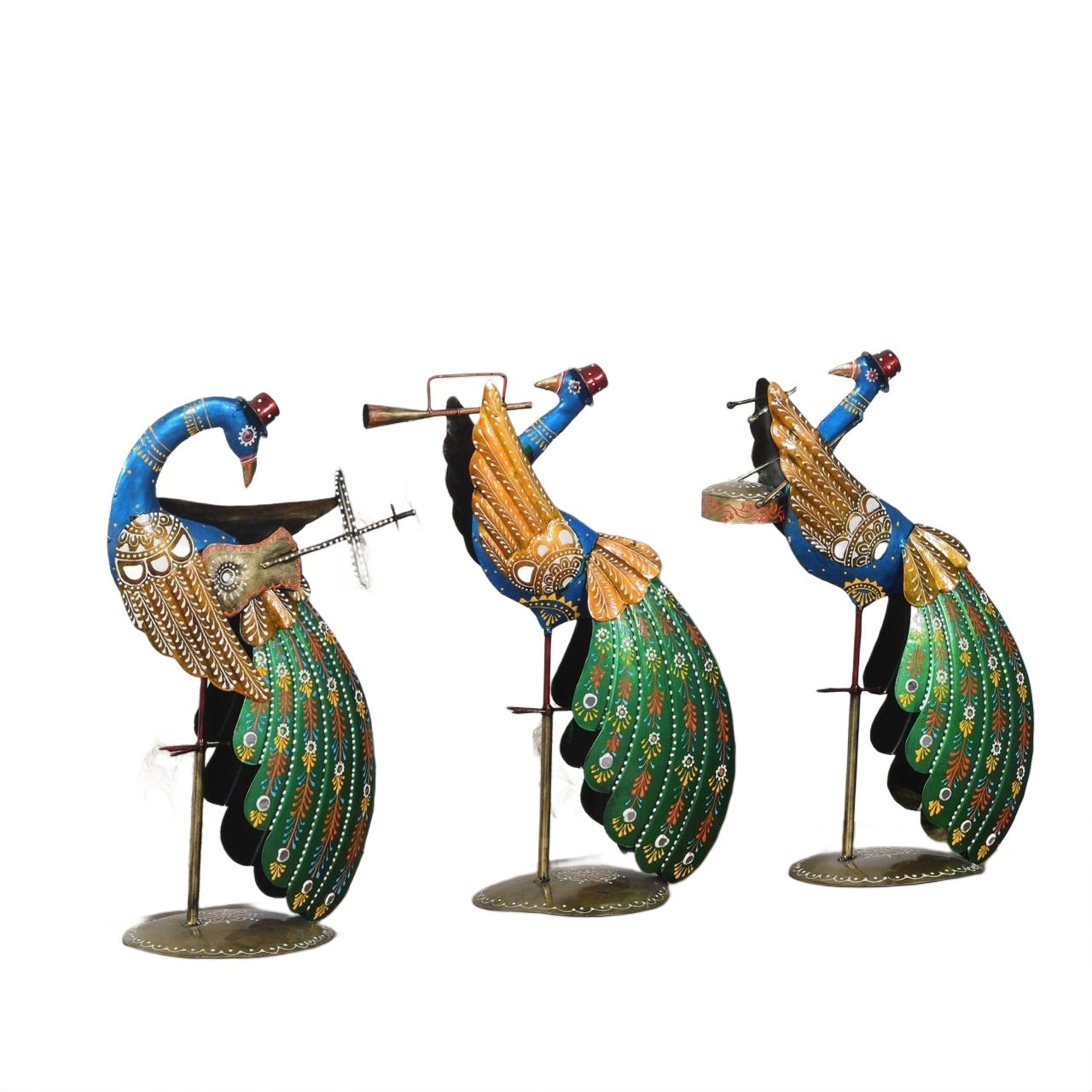 Handcrafted Metal Peacock Musicians – Set of 3 Decorative Showpieces