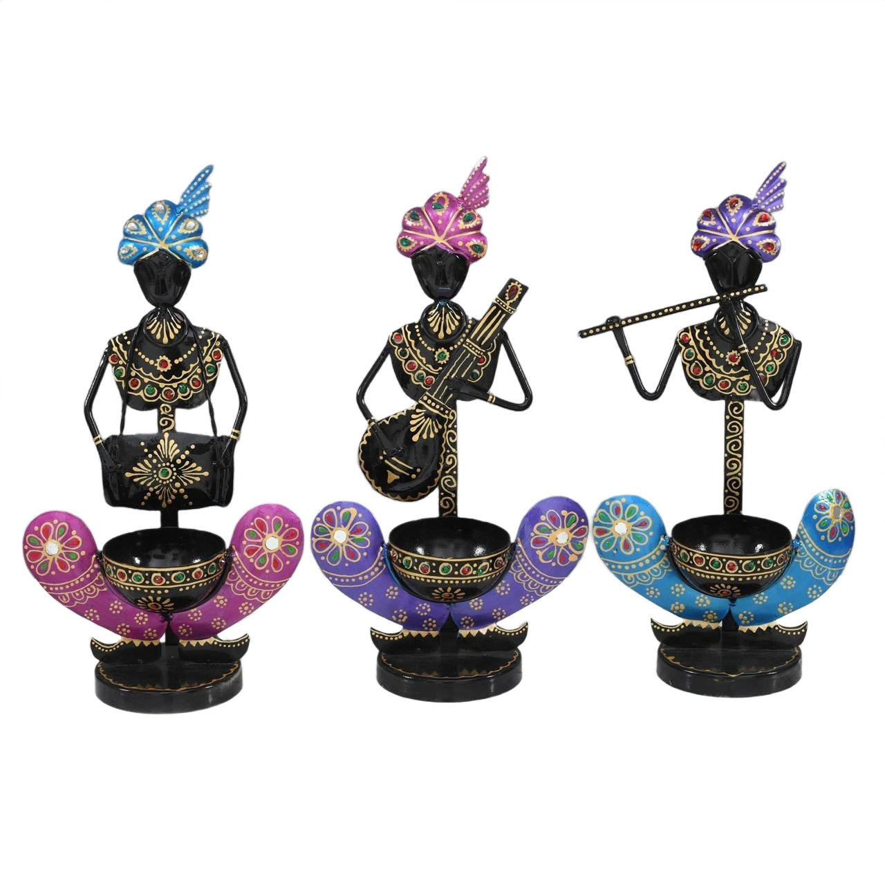 Rajasthani Musician Tea Light Holders – Set of 3 Hand-Painted Metal Decor