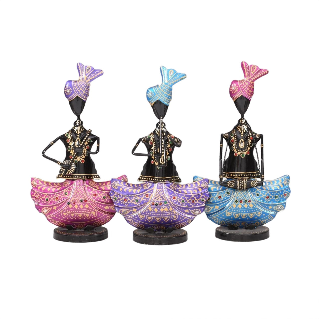 Handcrafted Rajasthani Folk Dancer Figurines – Iron Art in Multicolor (Set of 3)