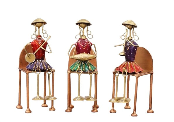 Tribal Musicians on Chair – Handcrafted Iron Figurine Set (Set of 3)