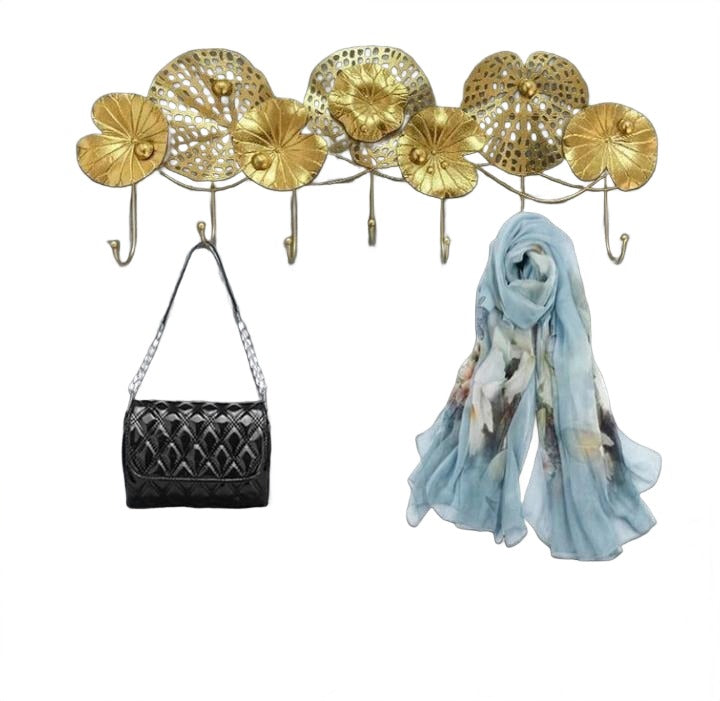 Golden Lotus Leaf Metal Wall Hook – Decorative Wall Hanger with 6 Hooks