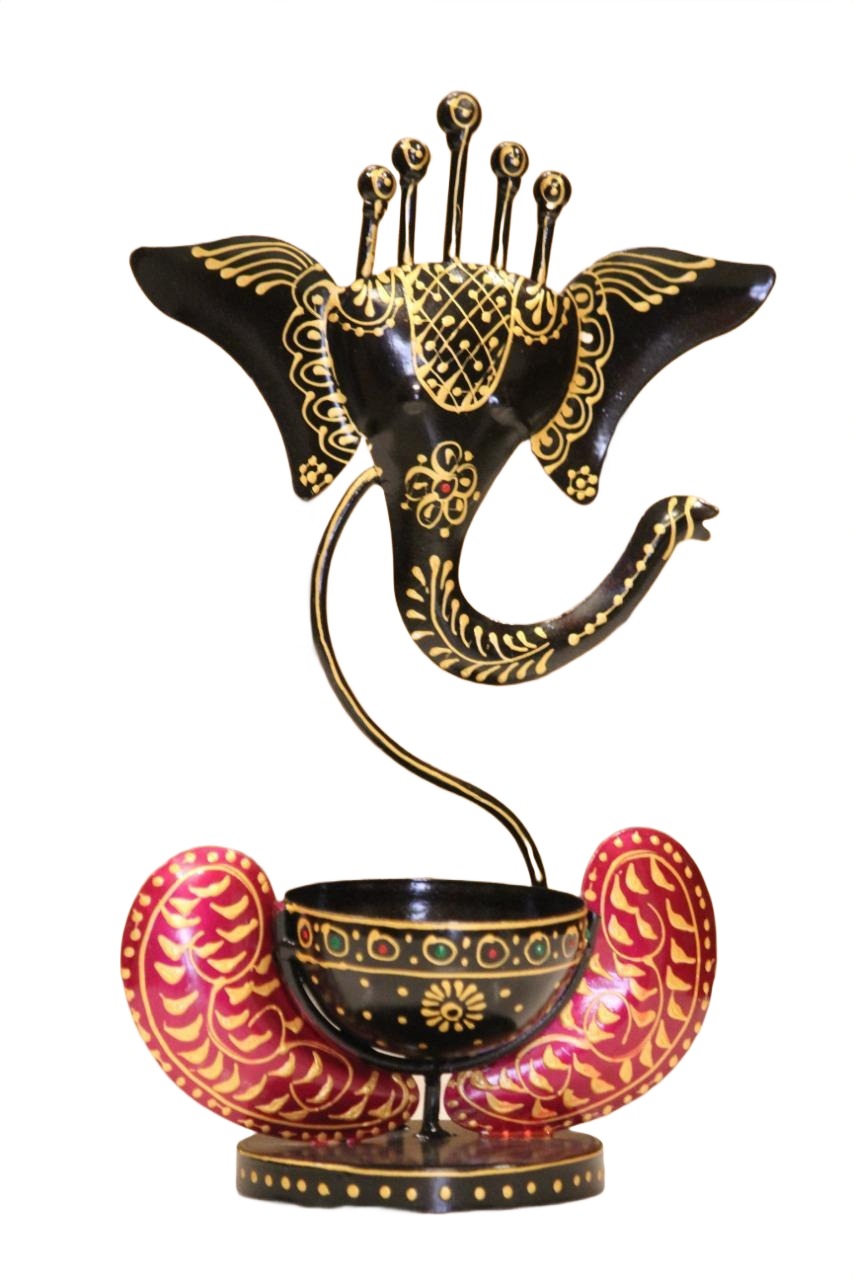 Handcrafted Ganesha Metal Tealight Holder – Black & Gold Decorative Accent